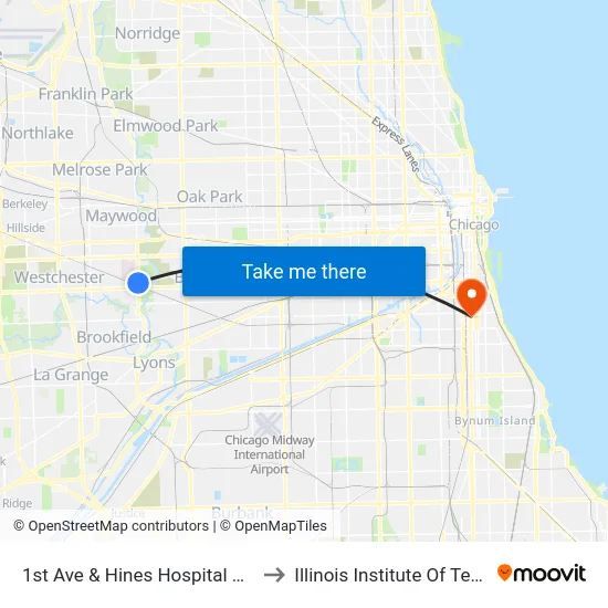 1st Ave & Hines Hospital Building 37 to Illinois Institute Of Technology map