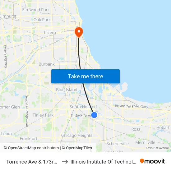 Torrence Ave & 173rd St to Illinois Institute Of Technology map