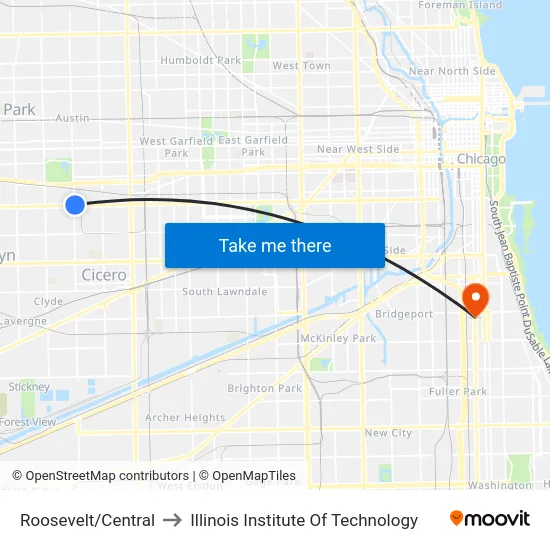Roosevelt/Central to Illinois Institute Of Technology map