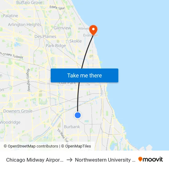 Chicago Midway Airport MDW to Northwestern University Library map