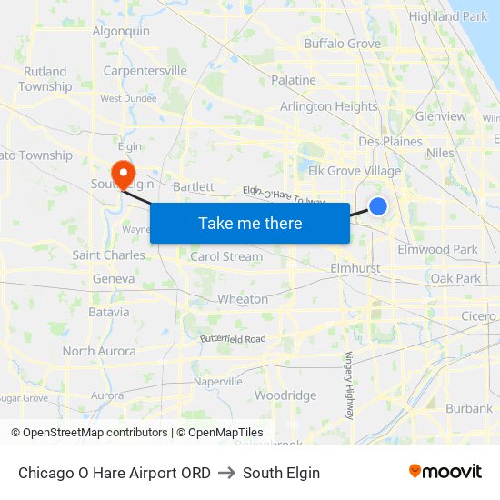 Chicago O Hare Airport ORD to South Elgin map