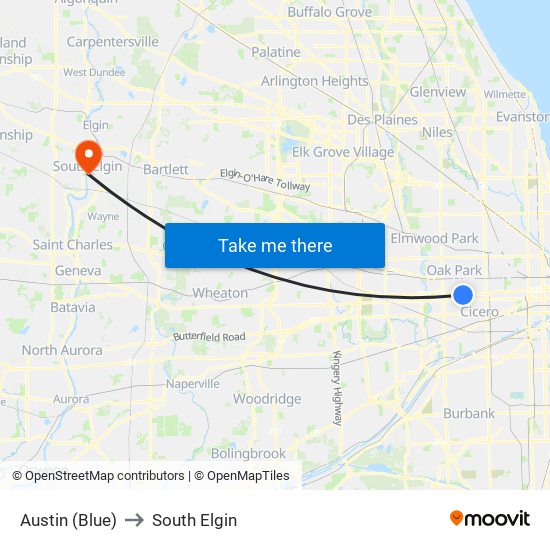 Austin (Blue) to South Elgin map