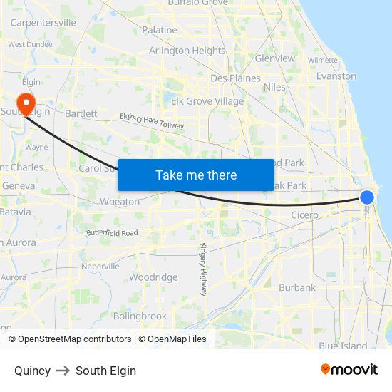 Quincy to South Elgin map