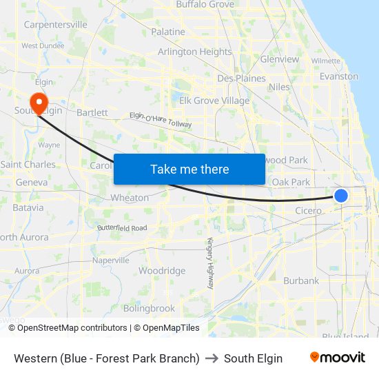 Western (Blue - Forest Park Branch) to South Elgin map