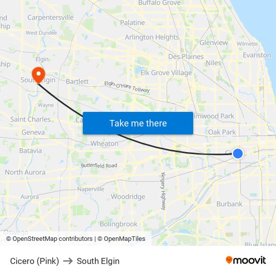 Cicero (Pink) to South Elgin map