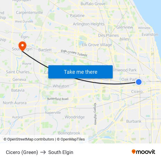 Cicero (Green) to South Elgin map