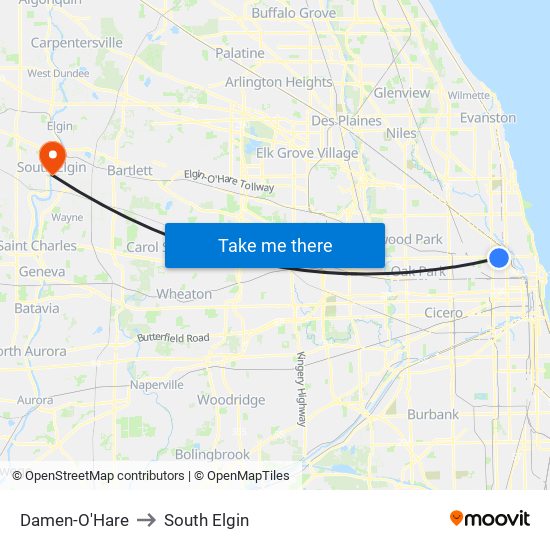 Damen-O'Hare to South Elgin map