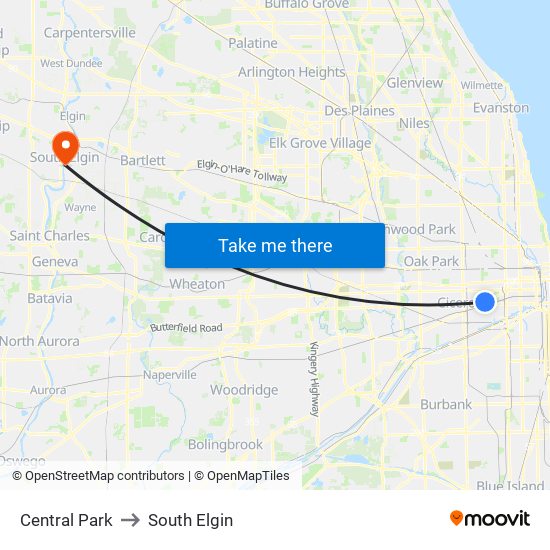 Central Park to South Elgin map