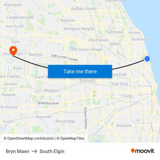 Bryn Mawr to South Elgin map