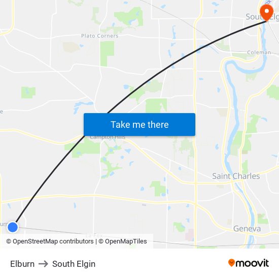 Elburn to South Elgin map