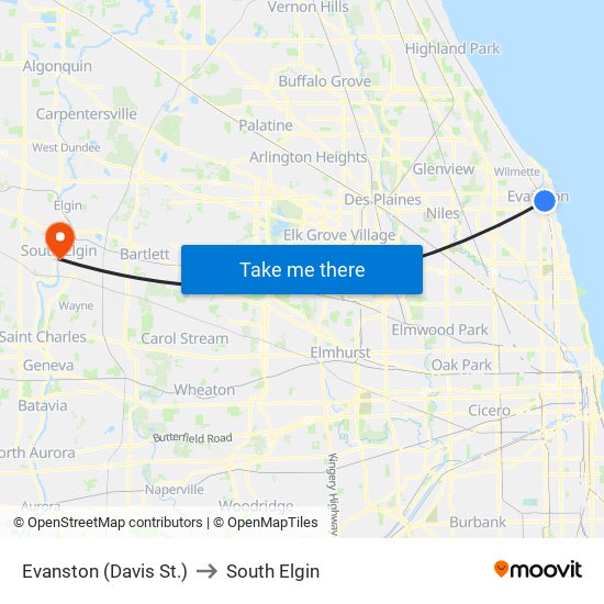 Evanston (Davis St.) to South Elgin map