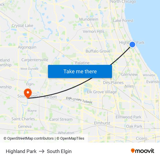 Highland Park to South Elgin map