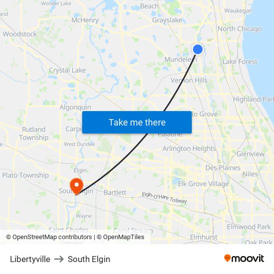 Libertyville to South Elgin map