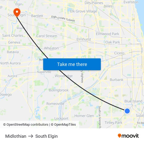 Midlothian to South Elgin map