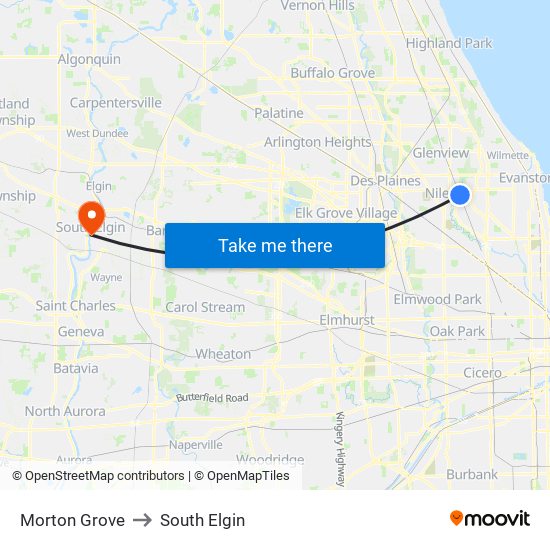 Morton Grove to South Elgin map