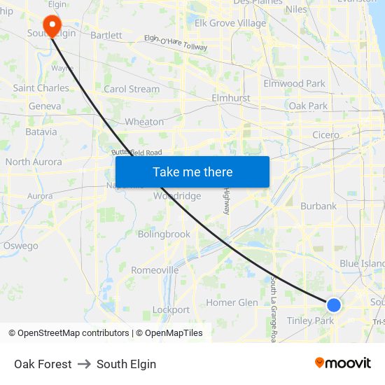 Oak Forest to South Elgin map