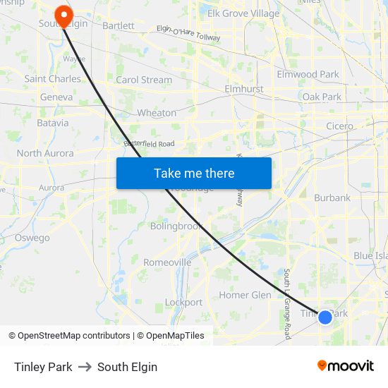 Tinley Park to South Elgin map