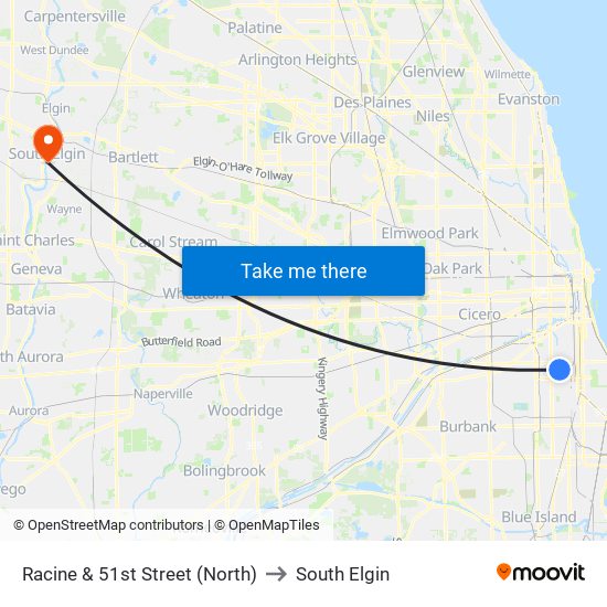 Racine & 51st Street (North) to South Elgin map