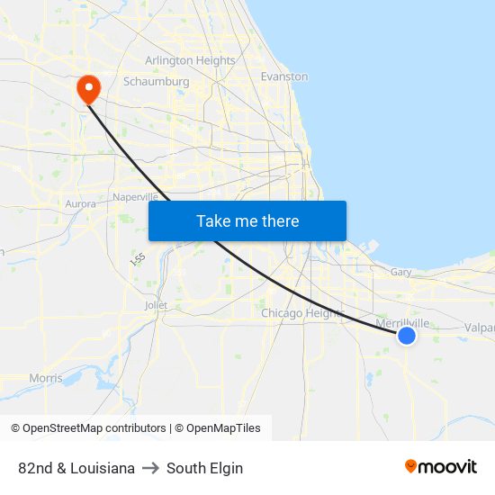 82nd & Louisiana to South Elgin map