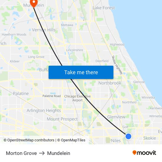Morton Grove to Mundelein map
