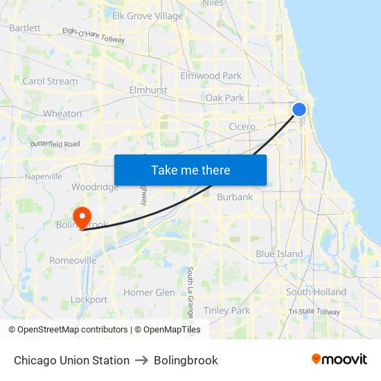 Chicago Union Station to Bolingbrook map