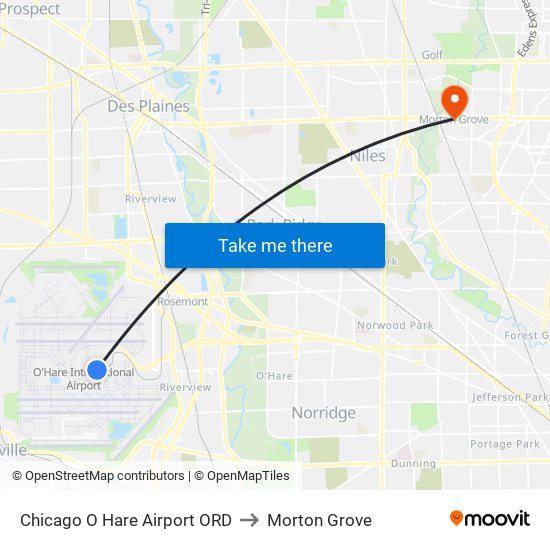 Chicago O Hare Airport ORD to Morton Grove map
