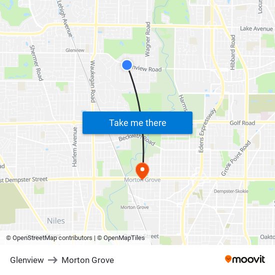 Glenview to Morton Grove map