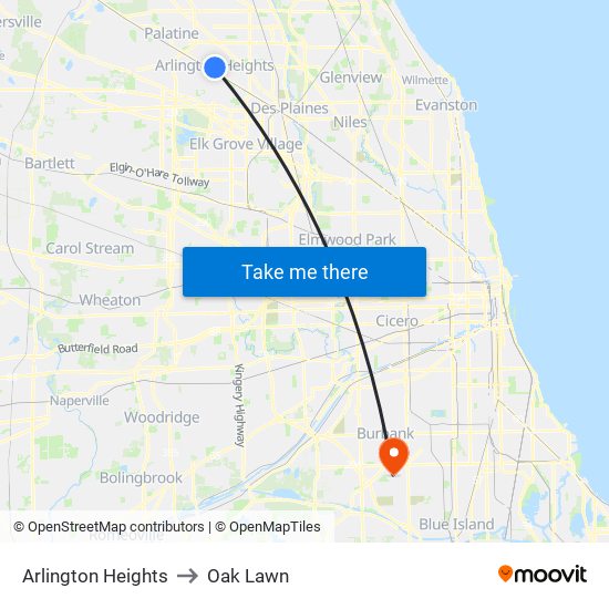 Arlington Heights to Oak Lawn map