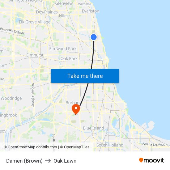 Damen (Brown) to Oak Lawn map