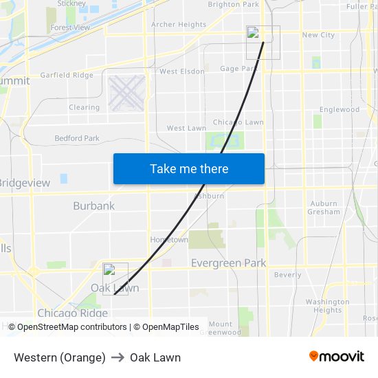 Western (Orange) to Oak Lawn map