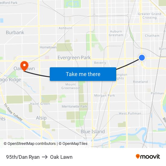 95th/Dan Ryan to Oak Lawn map