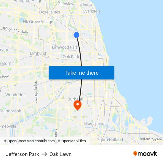 Jefferson Park to Oak Lawn map