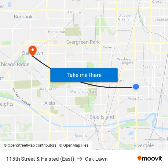 115th Street & Halsted (East) to Oak Lawn map