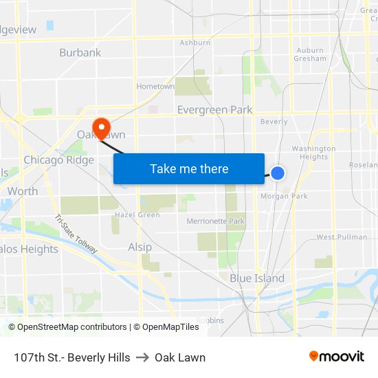 107th St.- Beverly Hills to Oak Lawn map