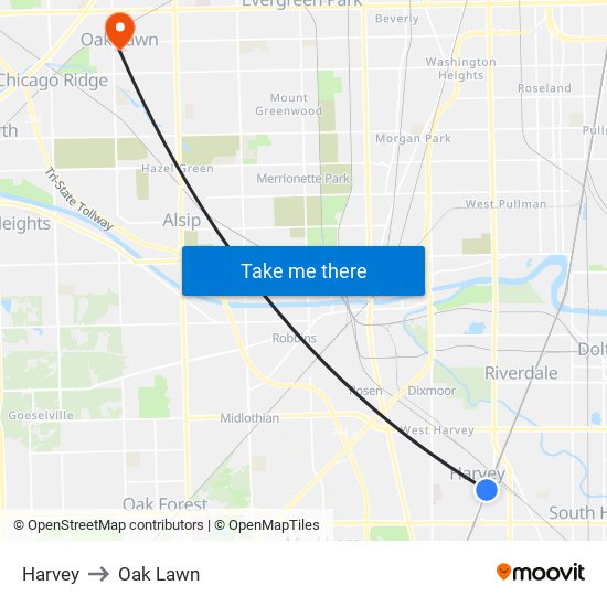 Harvey to Oak Lawn map