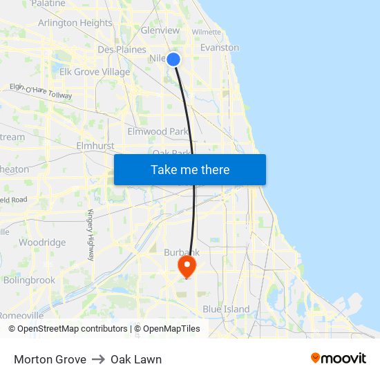 Morton Grove to Oak Lawn map