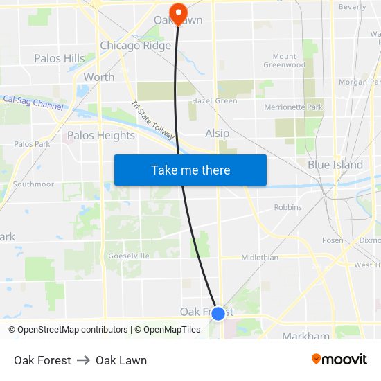 Oak Forest to Oak Lawn map