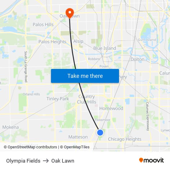 Olympia Fields to Oak Lawn map