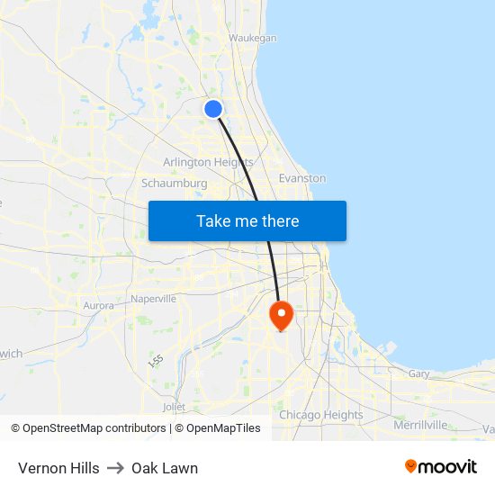 Vernon Hills to Oak Lawn map