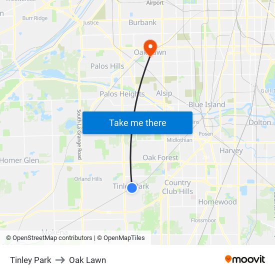 Tinley Park to Oak Lawn map