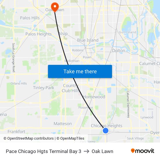 Pace Chicago Hgts Terminal Bay 3 to Oak Lawn map