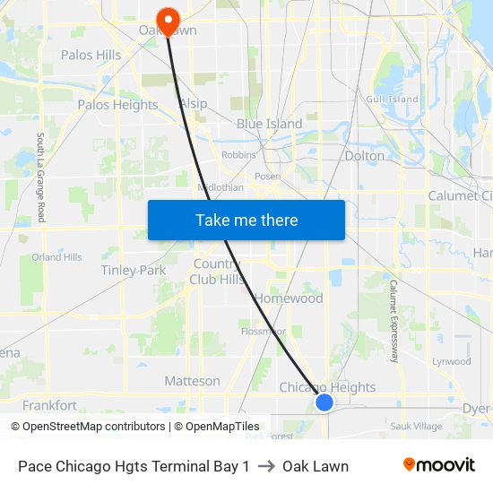 Pace Chicago Hgts Terminal Bay 1 to Oak Lawn map