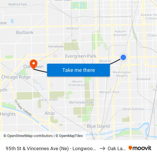 95th St & Vincennes Ave (Ne) - Longwood Metra to Oak Lawn map