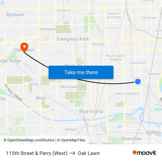 115th Street & Perry (West) to Oak Lawn map