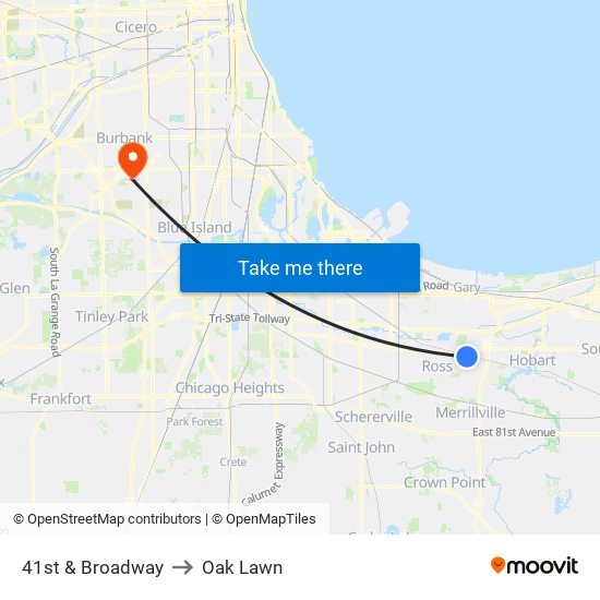 41st & Broadway to Oak Lawn map