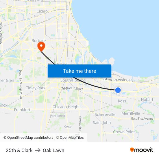 25th & Clark to Oak Lawn map