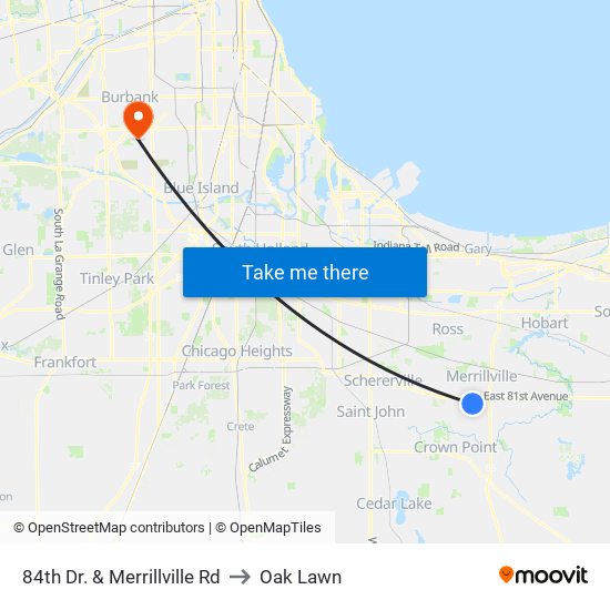 84th Dr. & Merrillville Rd to Oak Lawn map