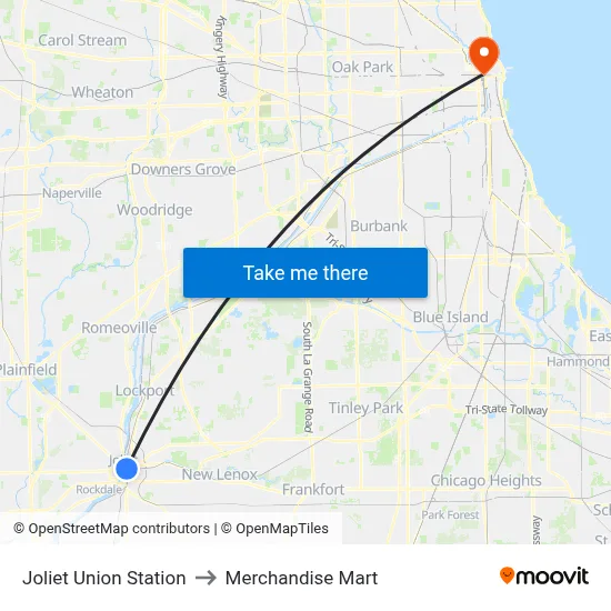 Joliet Union Station to Merchandise Mart map