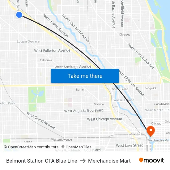 Belmont Station CTA Blue Line to Merchandise Mart map