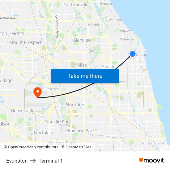 Evanston to Terminal 1 map